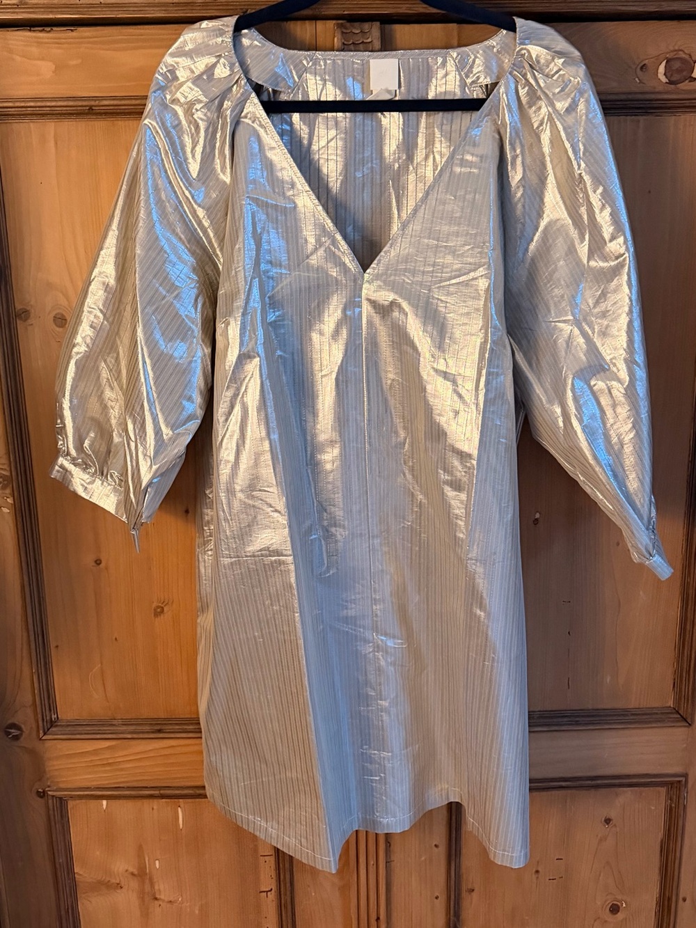 H&M Metallic Silver Mini Dress with Puff Sleeves